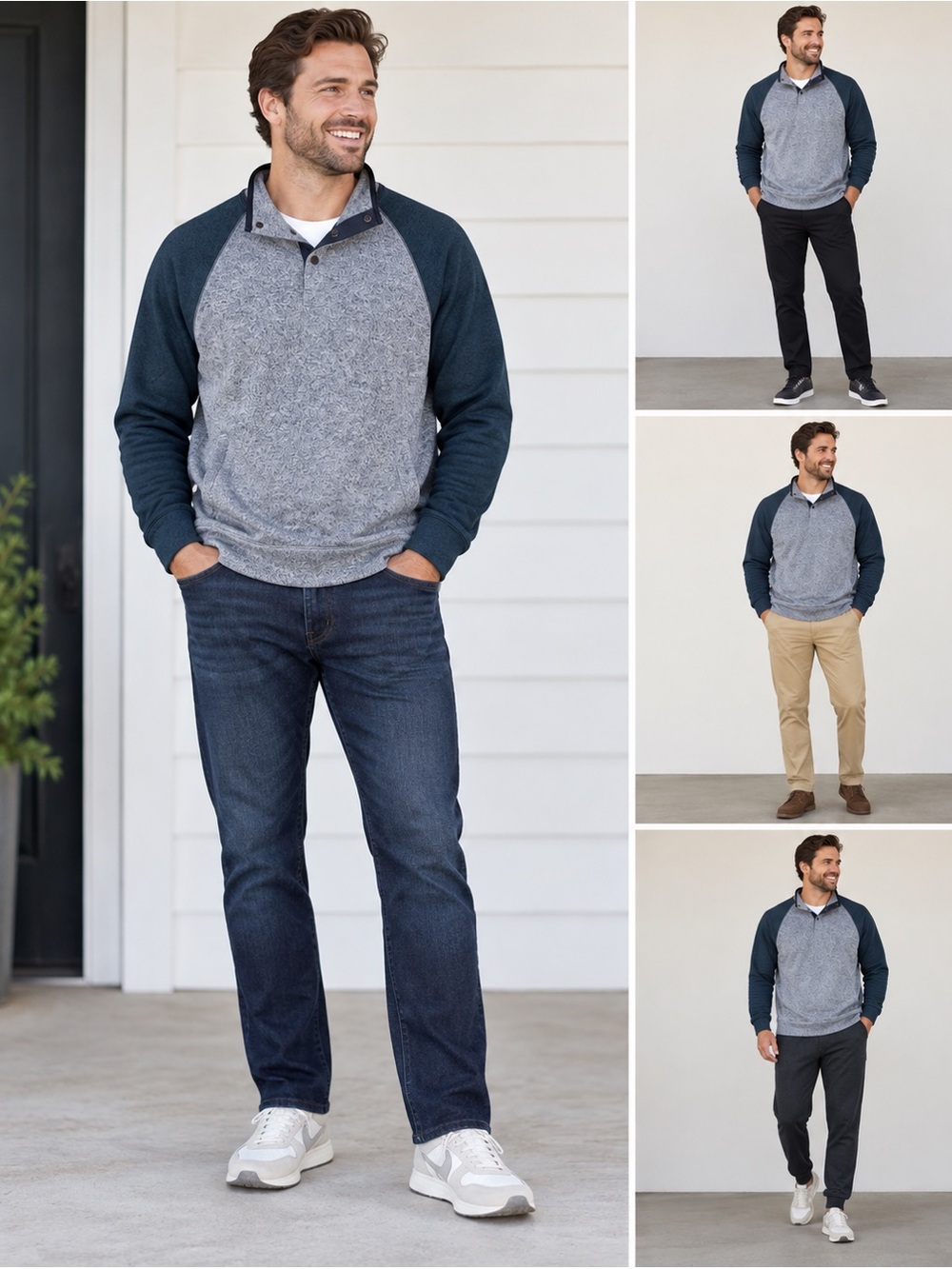 Sonoma Men's Sweater Jacket Gray Blue Large Snaps Pockets Outside Sporty
